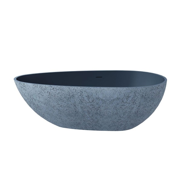67 in. x 33.5 in. Solid Surface Egg Shape Soaking Flatbottom Bathtub in Gray with Dotting Design and Reversible Drain
