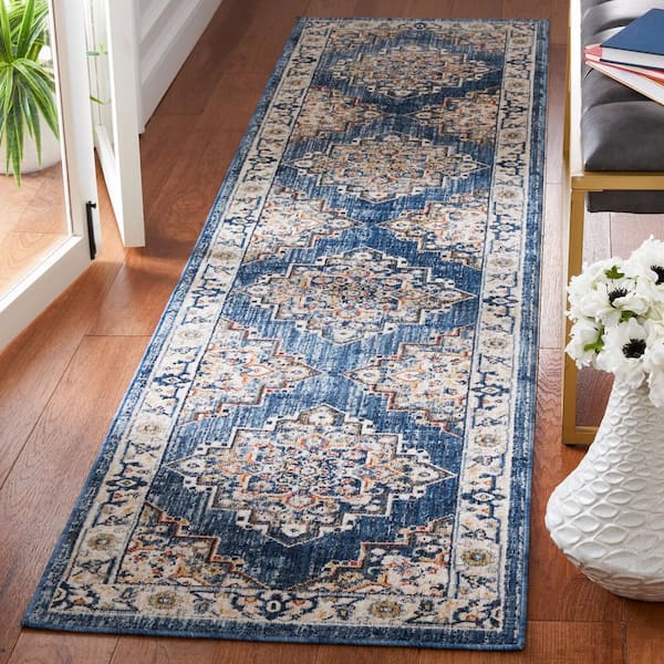 Olympia 2 ft. x 9 ft. Blue/Beige Ornate Medallion Runner Rug