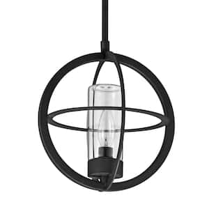 1-Light Matte Black Globe Pendant Light with Clear Glass Tube