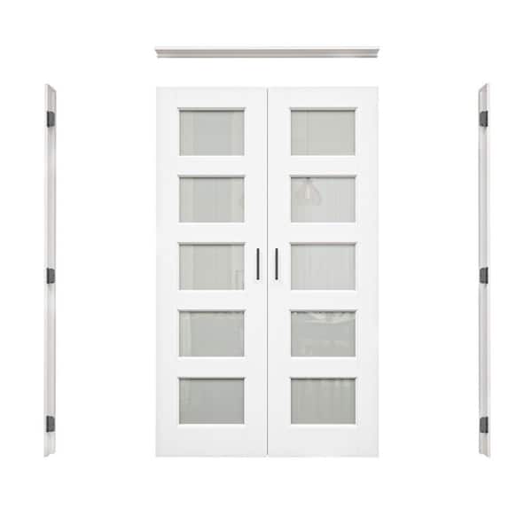 36 in. x 80 in. 5-Lite Frosted Glass Universal White Solid Core Glass Double Prehung French Door+ Frame Set & Ball Catch