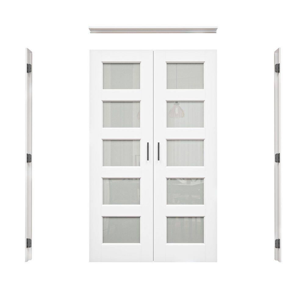 48 in. x 80 in. 5-Lite Frosted Glass Universal White Solid Core Glass Double Prehung French Door + Quick Jamb&Ball Catch price history on PriceWatchPro