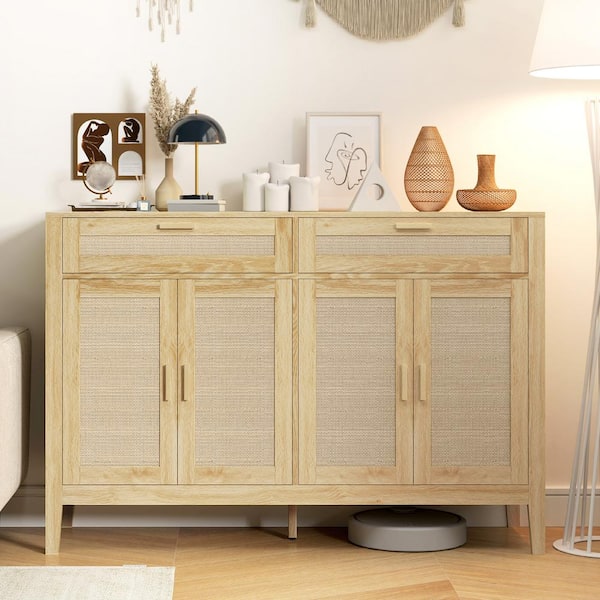 HOMCOM Natural Particle Board 52.8 in. Sideboard Buffet Storage Cabinet with Shelves for Living Room or Hallway 839 926V80AK