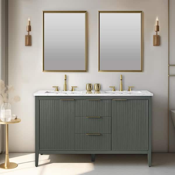 Emma 54 in. W Bath Vanity in Vintage Green with Engineered Stone Top in Arabescato with White Sinks