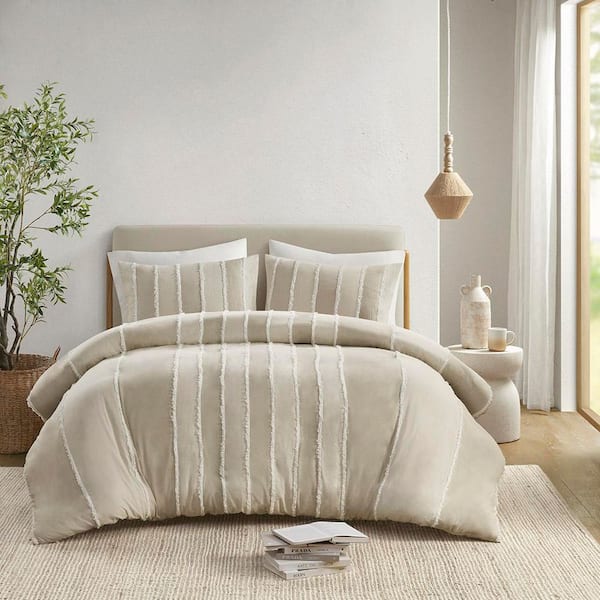 INK+IVY Shay 3-Piece Taupe Striped Cotton Full/Queen Duvet Cover Set