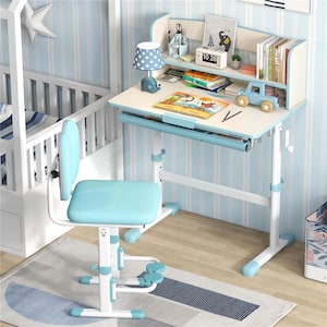 Kids Study Desk with 7-Level Tiltable Desktop Adjustable Height Pull Out Drawer Blue