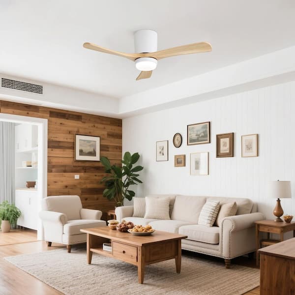 42 in. Indoor/Outdoor Integrated LED White Wood Flush Mount Standard Ceiling Fan with Light and Remote for Bedrooms