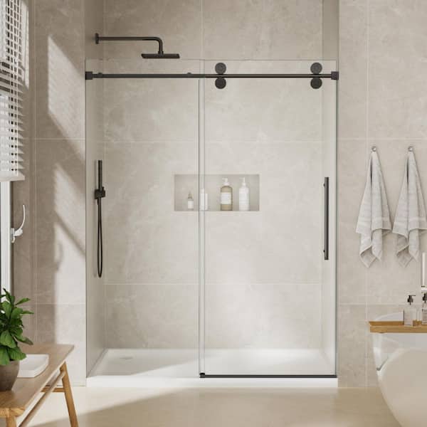 56 in.-60 in. W x 72 in. H Frameless Single Sliding Shower Door-5/16 in. Tempered Glass, Bypass Design with Matte Black