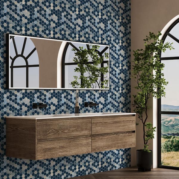 Take Home Tile Sample - 2 in. Hexagon Blue 4 in. x 4 in. Gloss and Matte Glass Mosaic Wall Tile Sample