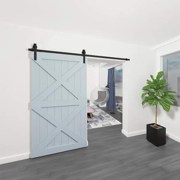 8 ft./96 in. Black Steel Bent Strap Sliding Barn Door Track and Hardware Kit for Single Door with Floor Guide