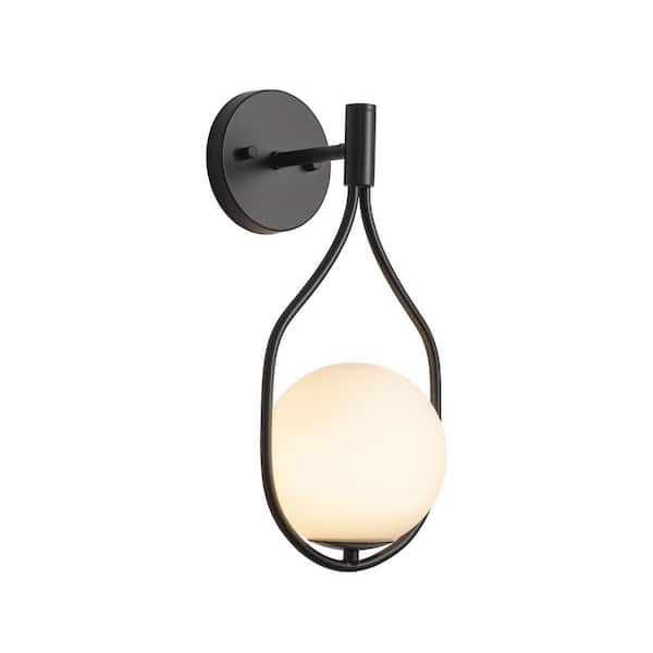 C Cattleya 7.5 in. 1-Light Black Modern Mid-Century Wall Sconce with White Opal Glass Shade