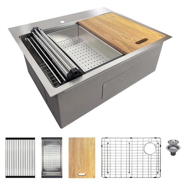 Transolid Workstation 27 in. Drop-in Single Bowl Stainless Steel 1-Hole Kitchen Sink with Accessories