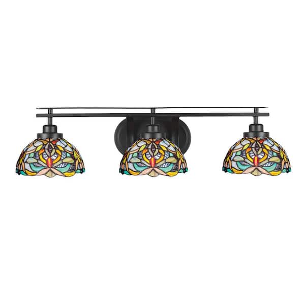 Unbranded Monroe 29.5 in. 3-Light Matte Black Vanity Light 7 in. Kaleidoscope Art Glass Shade no Bulbs Included