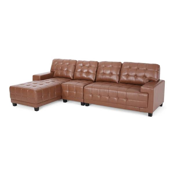 Noble House Berkamn 111 in. 3-Piece Faux Leather L-Shaped Sectional and Chaise Lounge Set in Cognac Brown