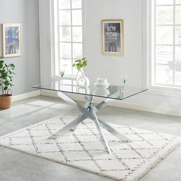Edwin's Choice Krushi Rectangle Clear Glass 58.4 in. Cross Legs Dining Table (Seats 4)