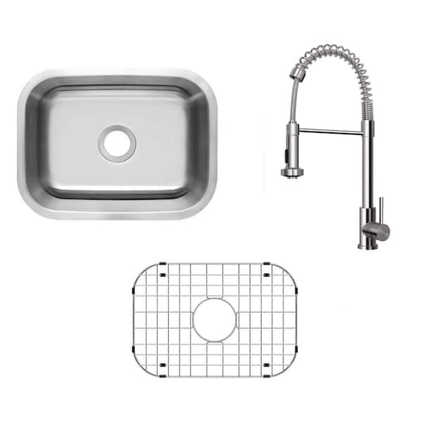 23 in. Undermount Single Bowl 16-Gauge Stainless Steel Kitchen Sink with Pull Down Sprayer Industrial Style Faucet