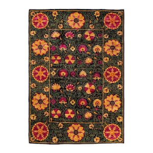 One-of-a-Kind Contemporary Black 6 ft. x 9 ft. Hand Knotted Floral Area Rug