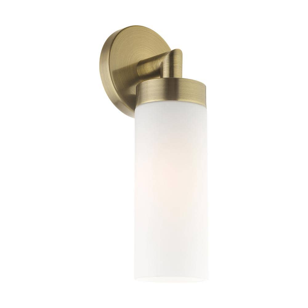 Antique Brass Outdoor Dimmable Wall Sconce with Satin Opal White Glass