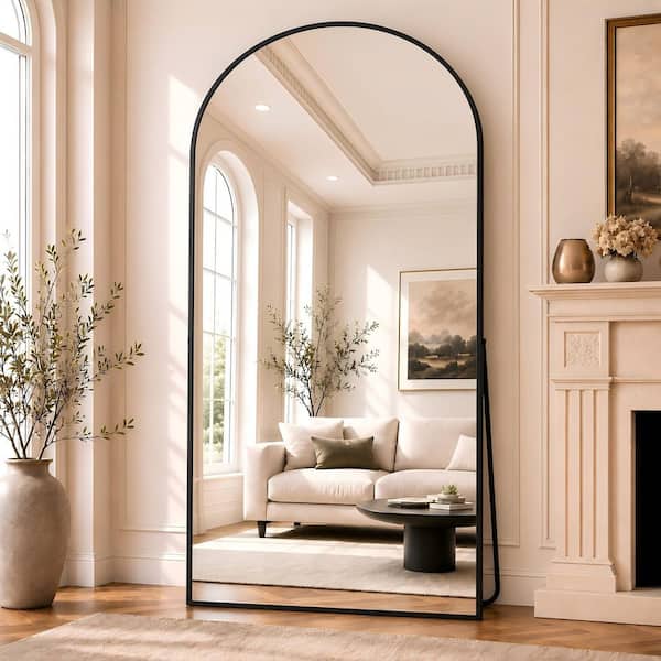 30 in. W x 71 in. H Arched Classic Black Aluminum Alloy Framed Oversized Full Length Mirror Floor Mirror
