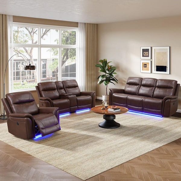 42 in. Reddish Brown Breathing Leather Glider Power Recliner Sofa with LED, USB