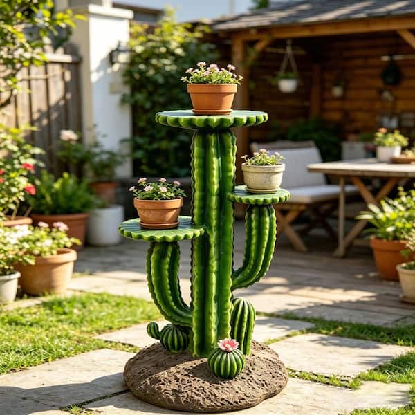 32'' Resin Saguaro Cactus Plant Stand with 3 Display Shelves, Large Multi-Tier Cactus Sculpture Flower Pot Holder Z-J26714