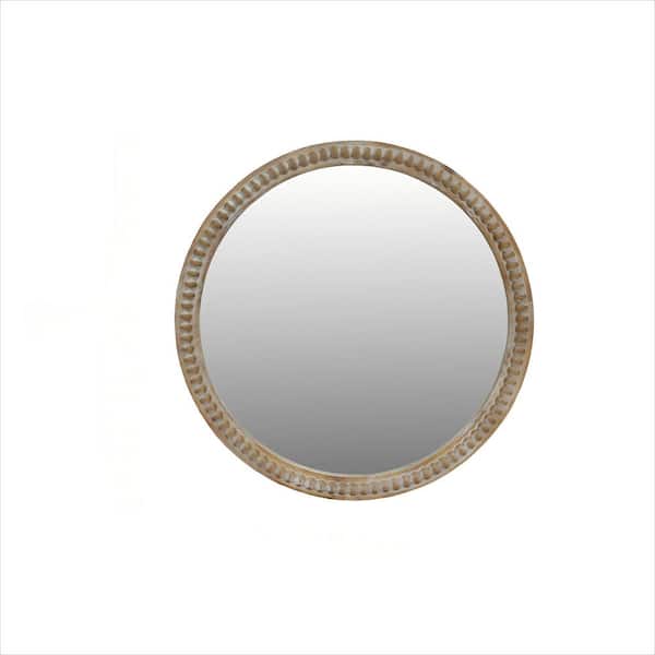Natural 32 in. W x 32 in. H Round Wood Wall Mounted Mirror Circle Decorative Mirrors Accent Mirror w/ Wood Beaded Frame