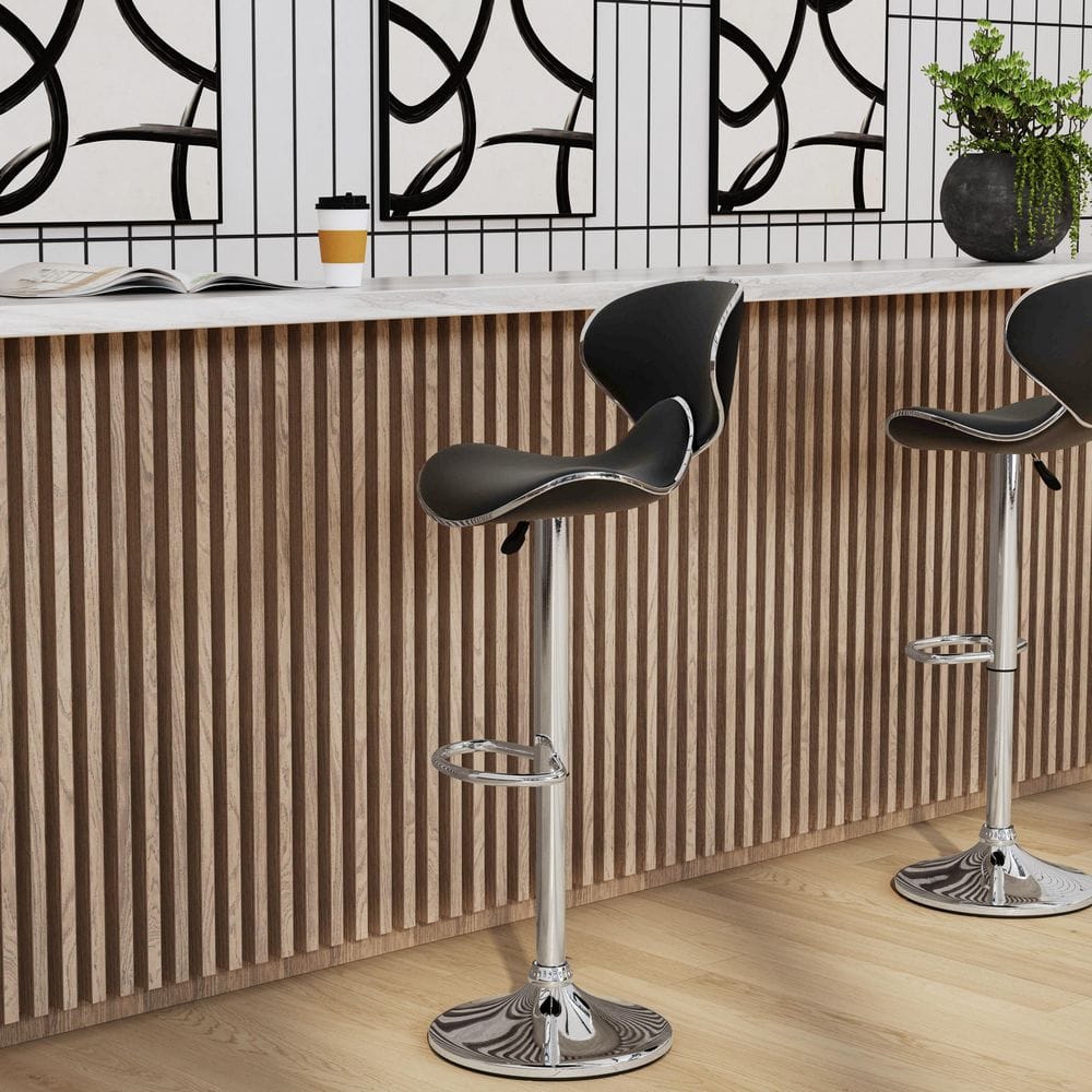 Adjustable Swivel Bar Stool in Black Faux Leather and Chrome