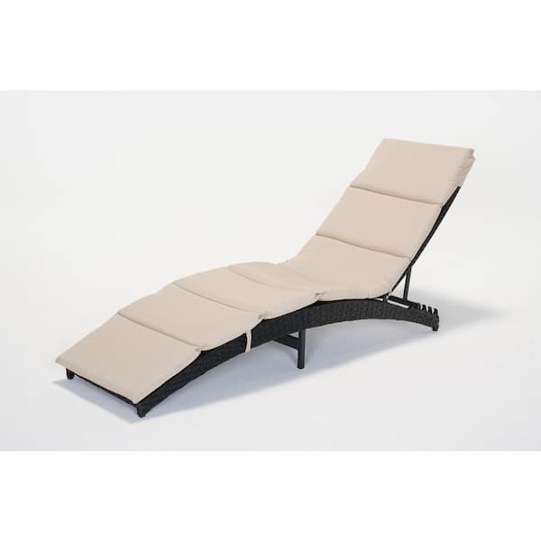 Black Aluminum Curved Rattan Folding Outdoor Lounge Chair With Beige Cushion