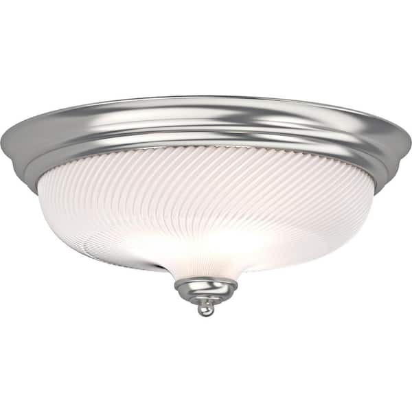 Volume Lighting 15 in. 3-Light Brushed Nickel Flush Mount with Frosted Ribbed Glass Bowl