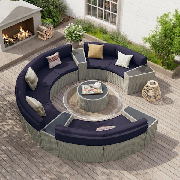 8-Person 13-Piece Fully Assembled Wicker Curved Half-Moon Outdoor Patio Conversation Set with Navy Cushions