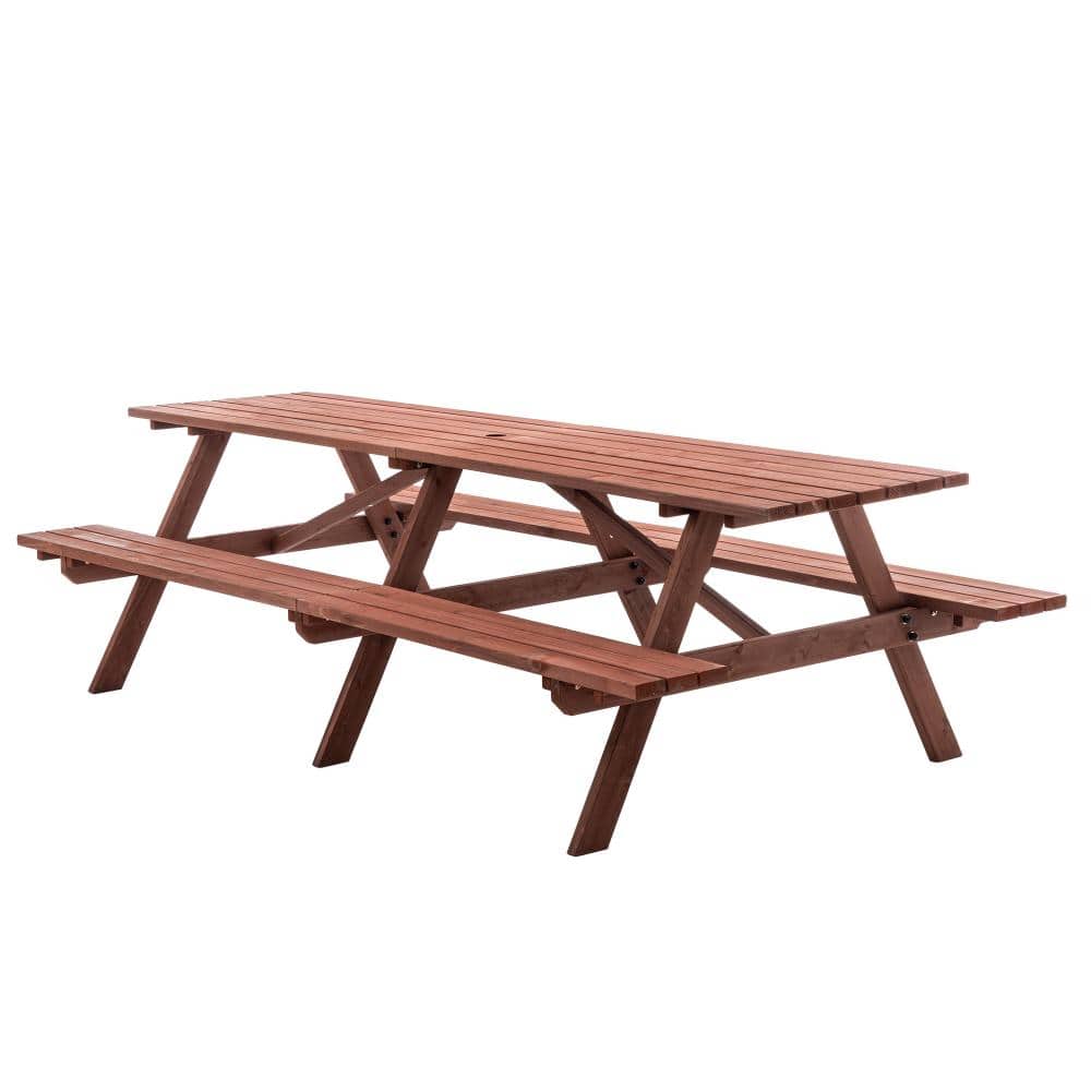 Brown 95 Inch Outdoor Picnic Table Set, Wooden Patio Table with Benches, Umbrella Hole for Backyard price history on PriceWatchPro