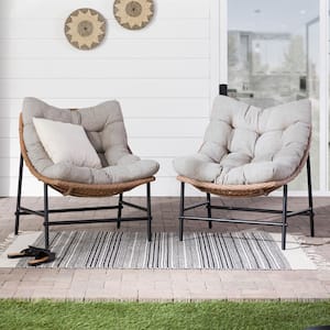 Papasan Rattan Removable Cushions Metal Outdoor Patio Lounge Chairs with Natural Cushions (Set of 2)