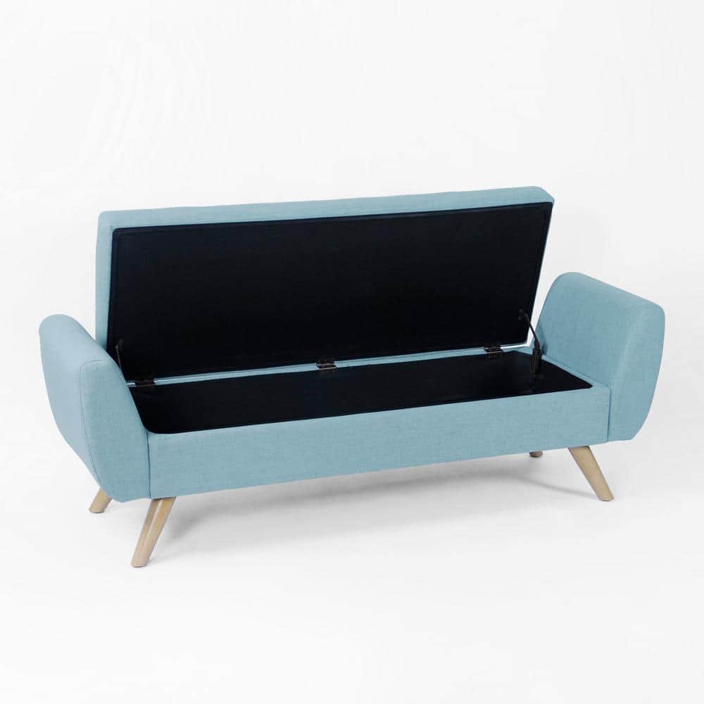 French Blue Upholstered Storage Bench with Wood Legs