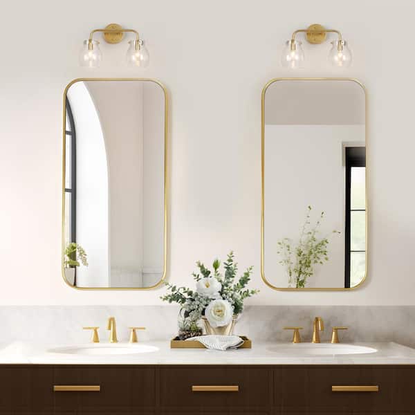 Mid-century Modern 14 in. 2-Light Light Gold Vanity Light for Bathroom Mirror, Powder Room Wall Sconce with Seeded Glass