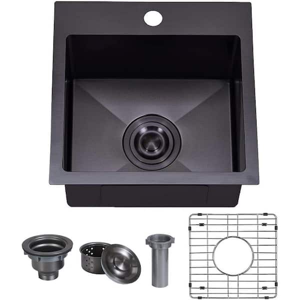 15 in. Drop-In/Undermount Single Bowl 16 Gauge Gunmetal Black Stainless Steel Kitchen Sink with Bottom Grids