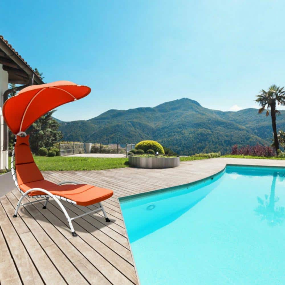 Orange Hanging Chaise Lounger with Cushions and Canopy