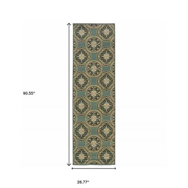 Blue, Ivory 2 ft. x 8 ft. Loomed Floral Polypropylene Rectangle Indoor/Outdoor Area Rug