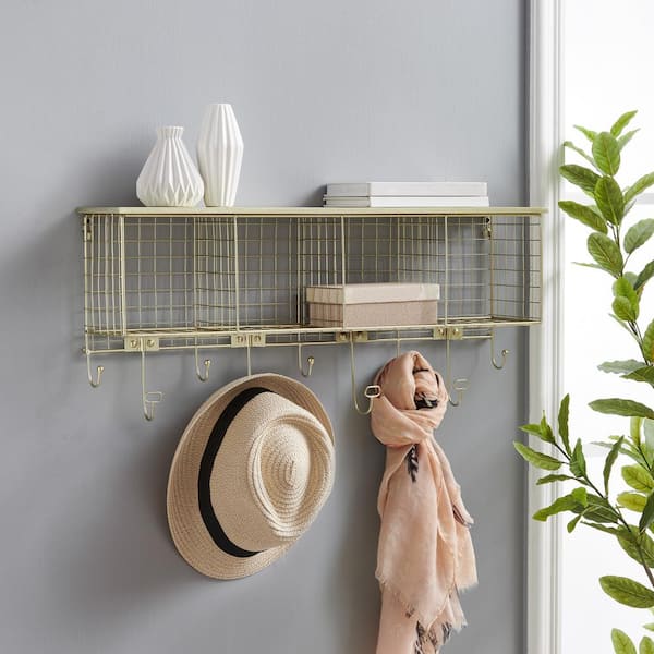 Decorah Gold Metal 4-Cubby Wall Shelf with 9 Hooks