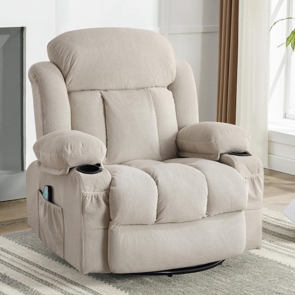 Z-joyee Beige Velvet Recliners Massage Heated Reclining with USB and 2-Cup Holders