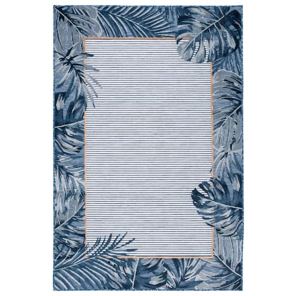 Cabana Ivory/Navy 8 ft. x 10 ft. Striped Leaf Border Indoor/Outdoor Area Rug