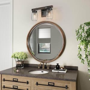 13 in. 2-Light Textured Brown Vanity Light with Industrial Clear Mason Jar Glass Shades and Faux Wood Accents