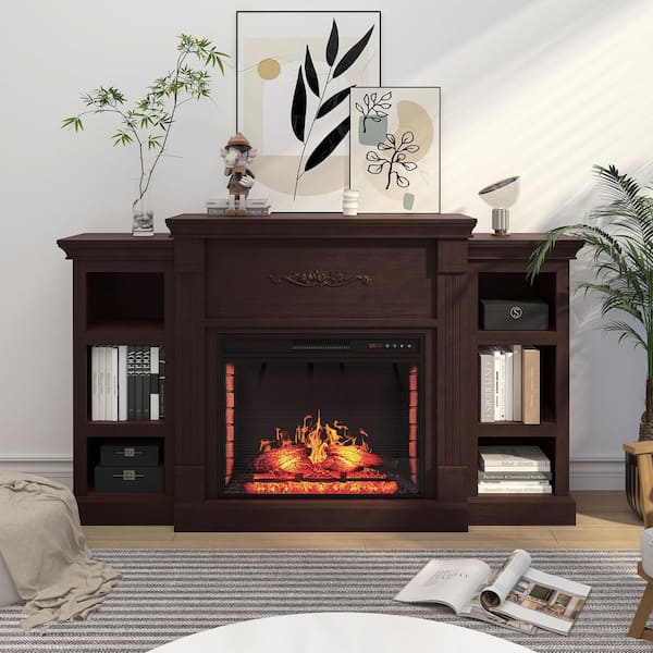 Clihome Brown MDF TV Stand Fits TV's Up to 70 with 28 in. Electric Fireplace