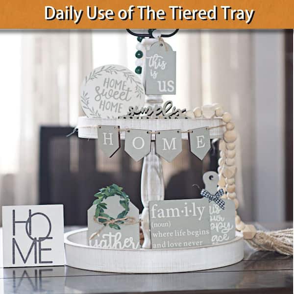 Esepony 2-Tier White Wooden Cake Stand Serving Tray with Rural