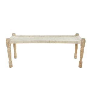 Beige Handmade Woven Chevron Patterned Dining Bench with Light Brown Mango Wood Legs 19 in. x 48 in. x 18 in.
