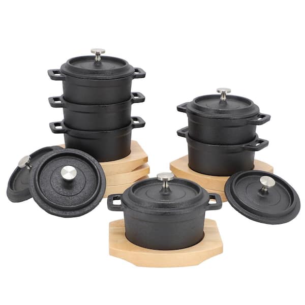 MegaChef 6 Piece Cast Iron 0.25 qt. 8 Ounce Mini Dutch Oven with Wood Tray
