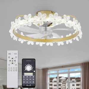 21in.LED Bladeless Smart App Remote Control Low Profile Daisy Crystal Ceiling Fan Flush Mount Dimmable Lighting