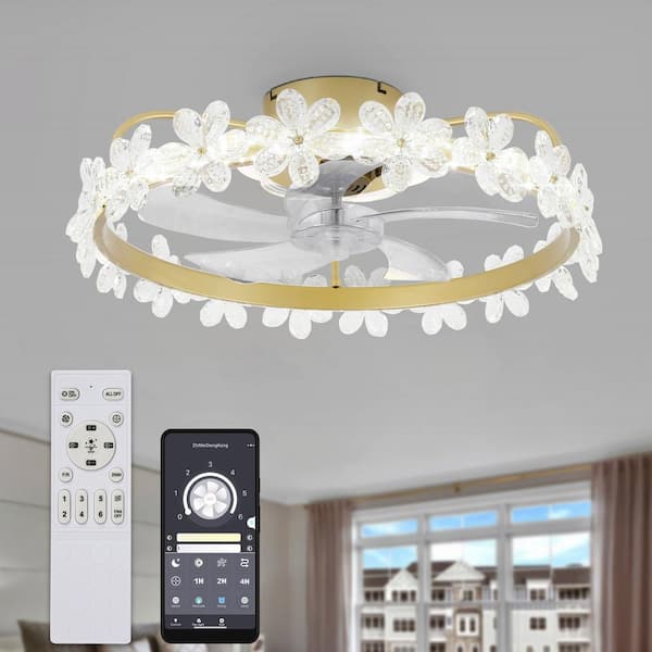 Oaks Aura 21in.LED Bladeless Smart App Remote Control Low Profile Daisy Crystal Ceiling Fan Flush Mount Dimmable Lighting