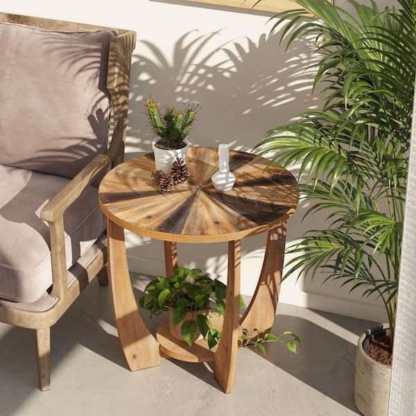 FUIN Rustic 23.75 in. Natural Round MDF End Table with Mixed Vintage Black and Natural Finish