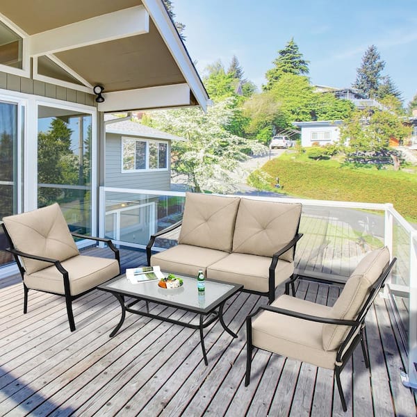 4PCS Metal Patio Conversation Set Outdoor Sectional Set w/Coffee Table & Beige Cushions