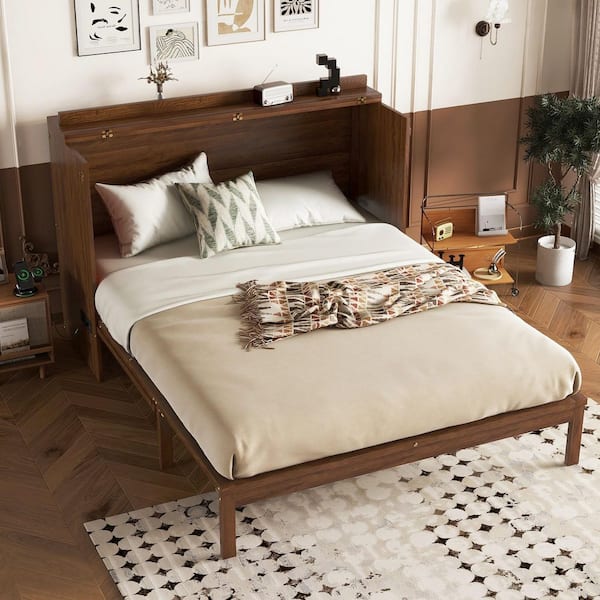 Walnut/Brown Wood Frame Queen Size Murphy Bed with Power Station and Rattan Decoration Panel