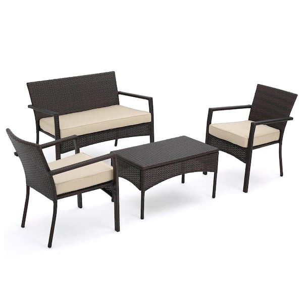 Cancun Multibrown 4-Piece Wicker Patio Conversation Set with Cream Cushions